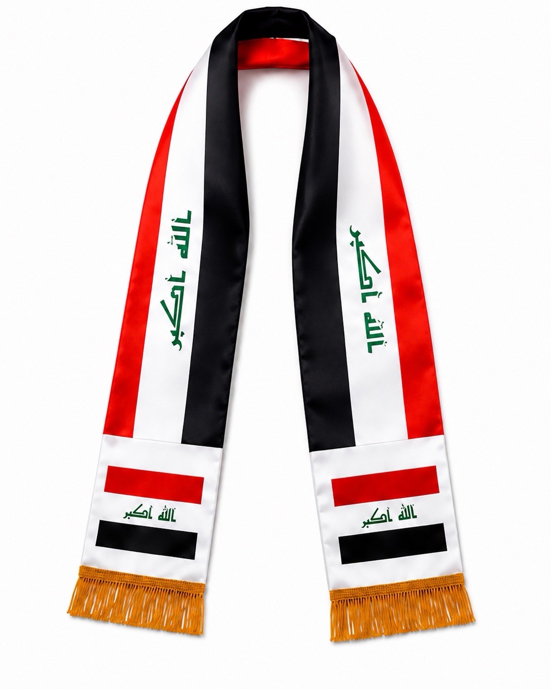 Iraq Flag Rectangle Scarf/Stole w/ Gold Fringe, Unisex, 56 x 5.5 in