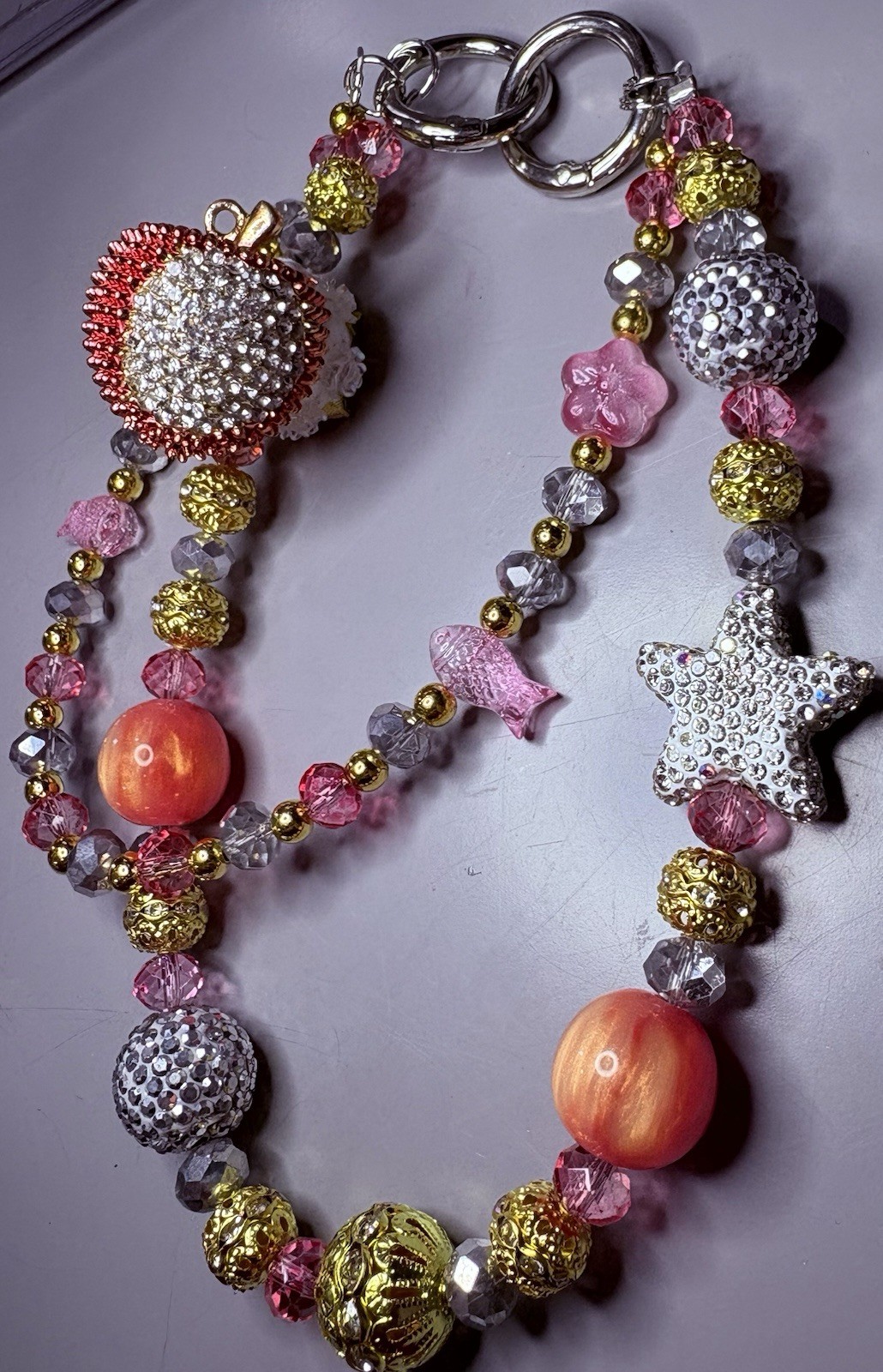 Beaded Star Charm Key Chain w/ Key Ring – Pink Gold Silver Orange Women’s