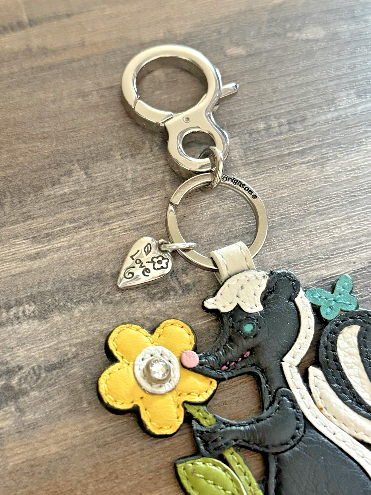 Brighton Posy Skunk Black White Yellow Flower Leather Purse Charm, Handbag