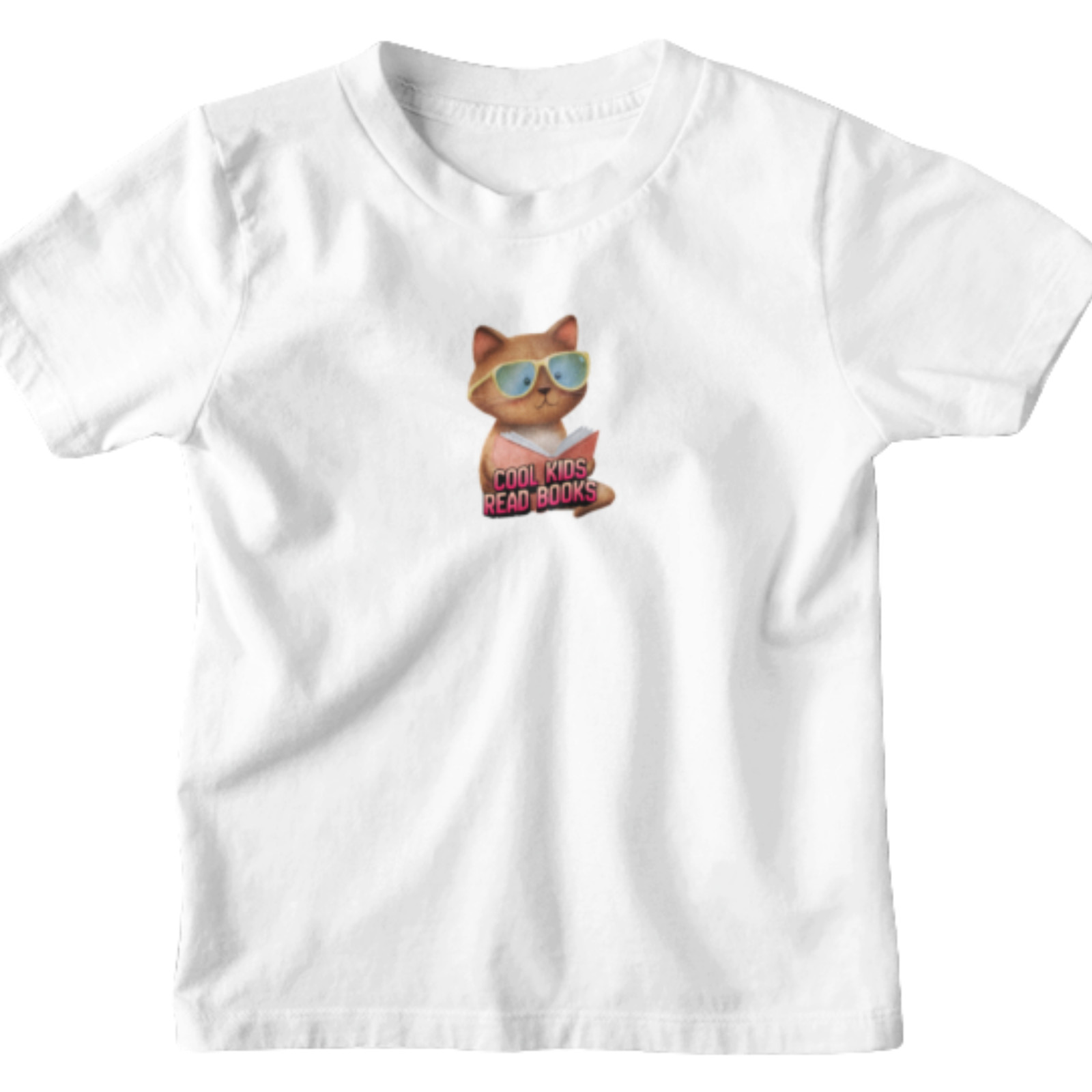 Cool Kids Read Books Cat w Glasses White Youth T-Shirt S Soft Style Kid’s Tee