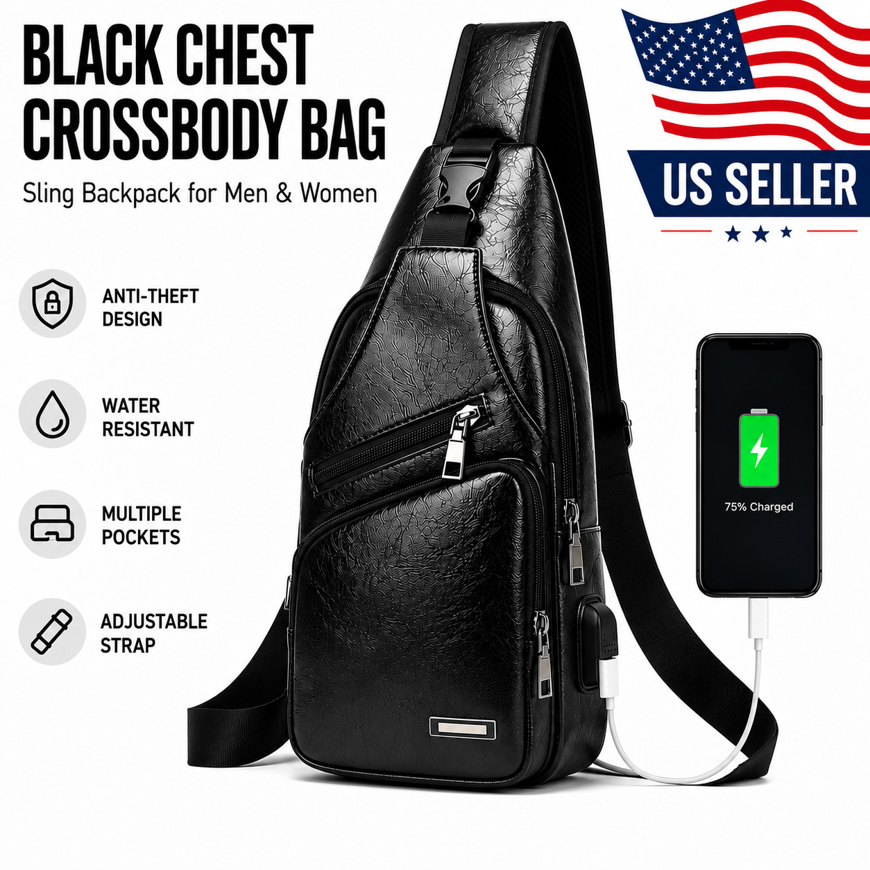 Mens Chest Shoulder Backpack Sling Cross Body Man Leather Satchel Travel Bag US