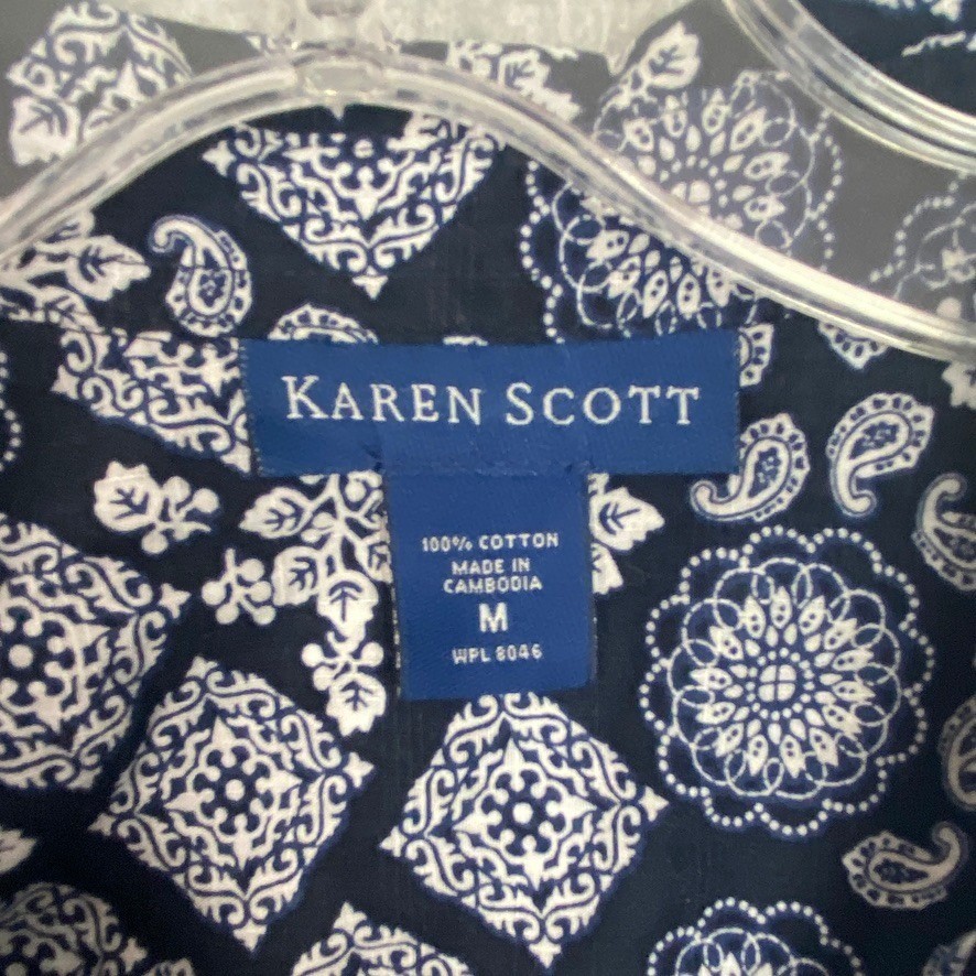 Karen Scott Top Womens Medium Navy Paisley Roll Tab Sleeve Button Up Shirt Boho