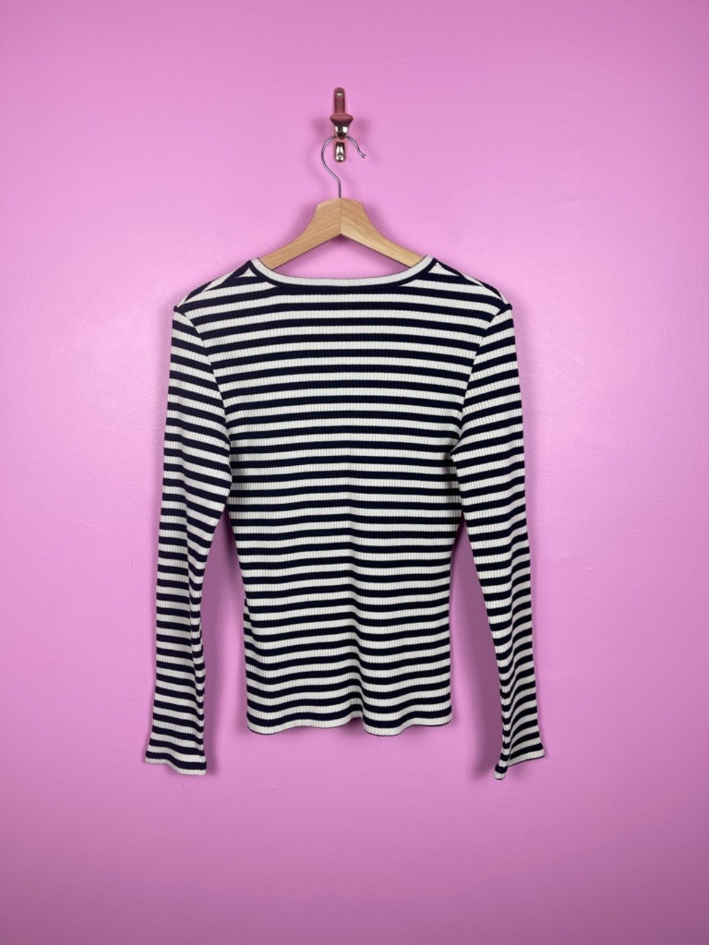 Theory Tiny Striped Ribbed Knit Long Sleeve Tee Black White Women’s Large