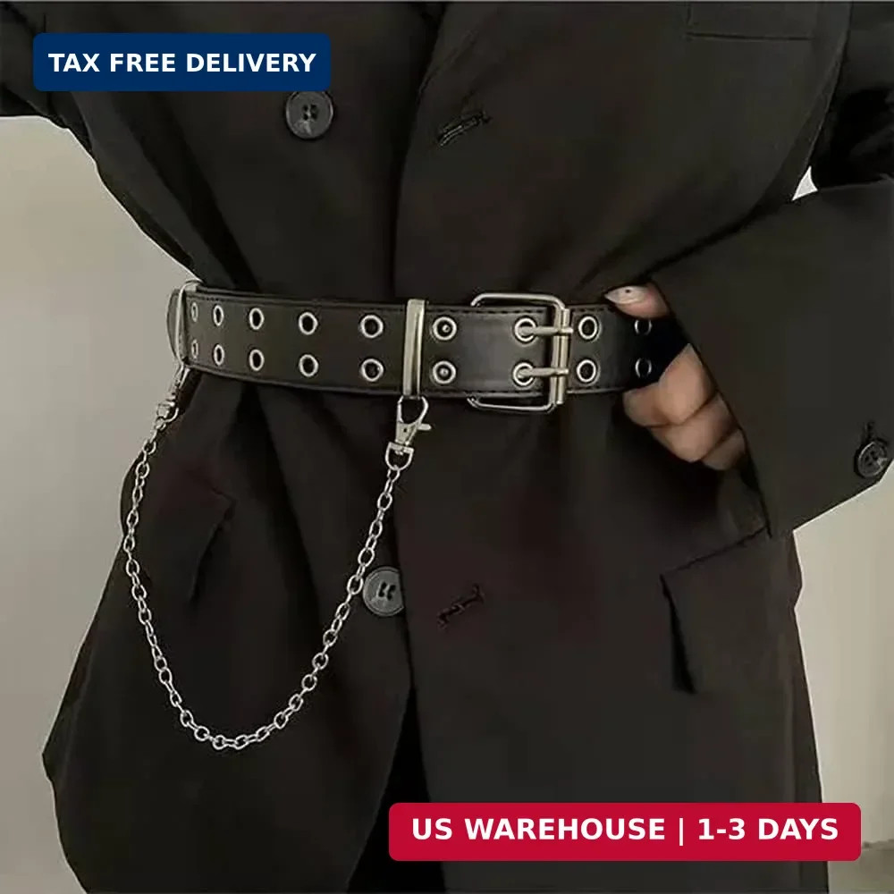 Women’s 100×3.8cm PU Leather Double-Grommet Belt with Chain – Punk Rock Style, A