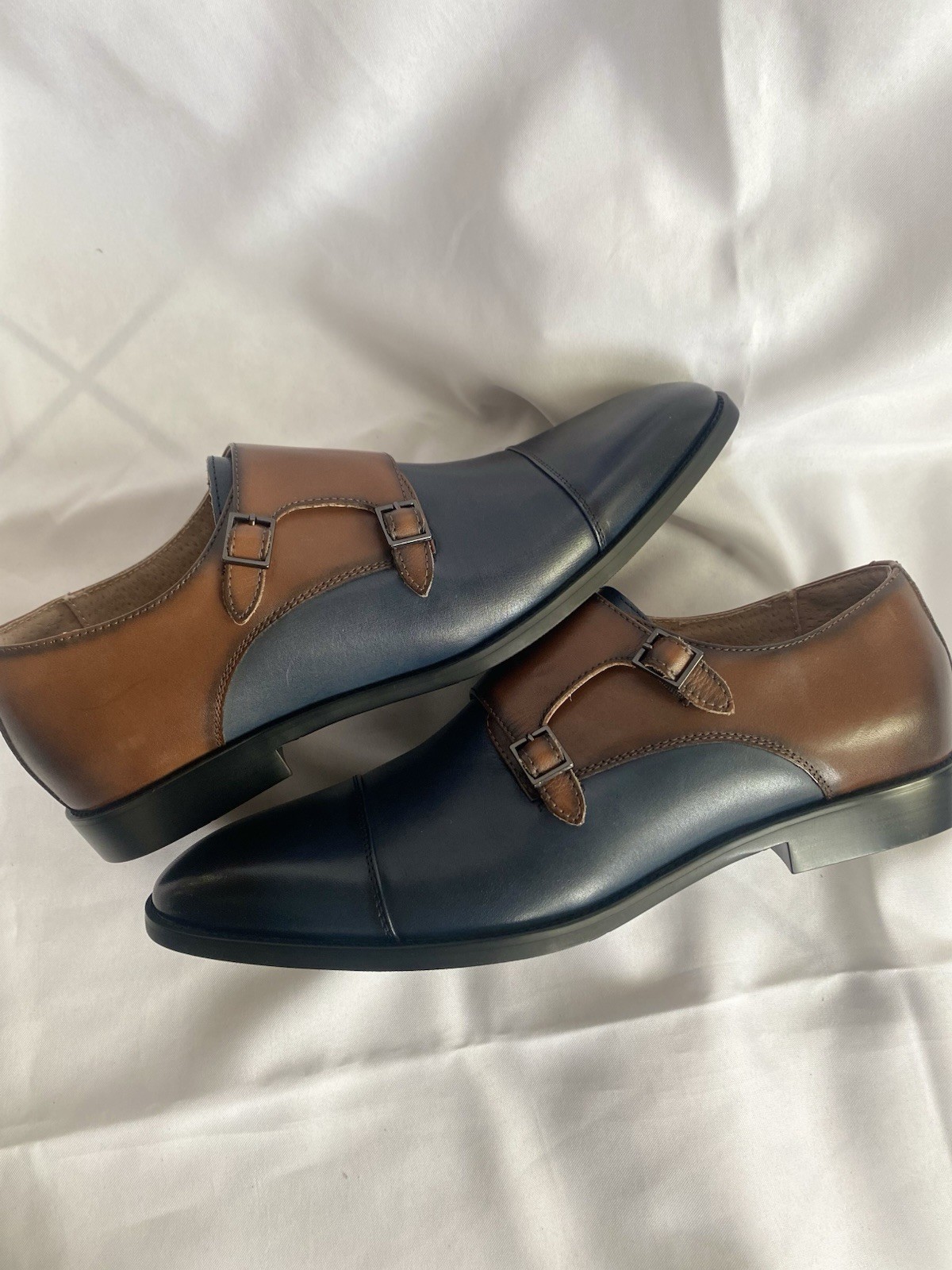 Stacy Adams Raythorne Cap Toe Double Monk Strap Navy Brown Leather Oxford Men 11