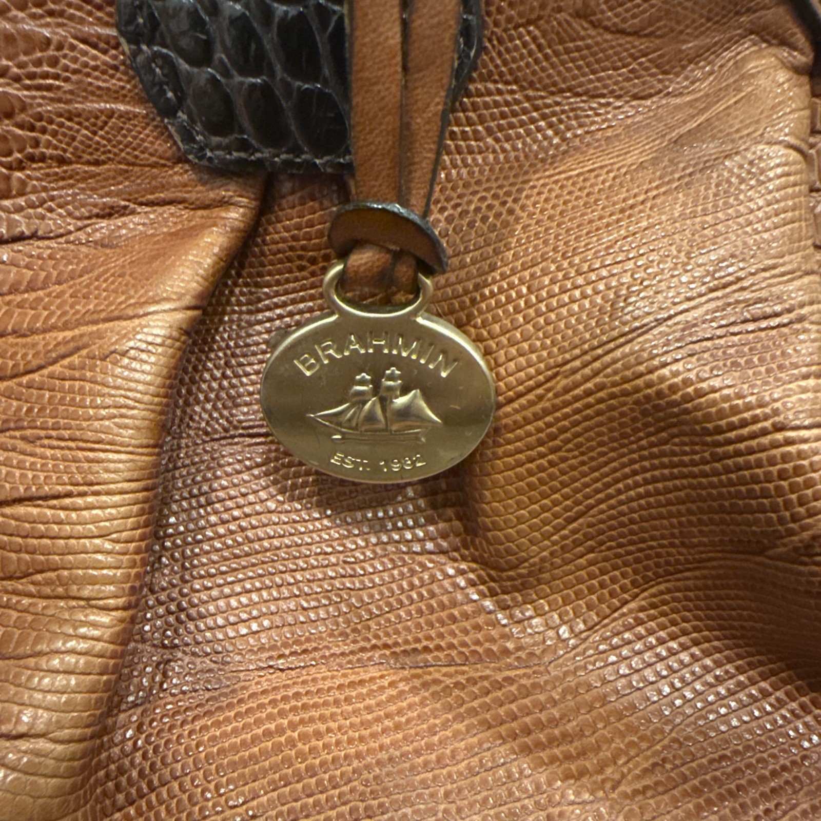 Brahmin Brown Embossed Animal Print Satchel Top Handle Zip w/ Detachable Strap