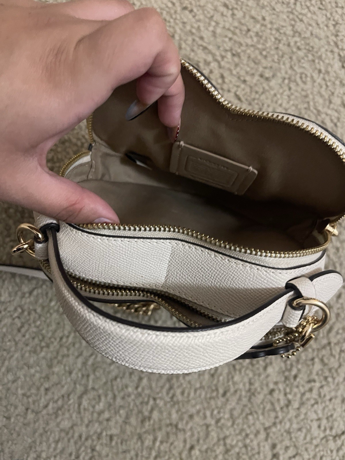 Coach Heart-Shaped Crossbody Bag Signature Monogram Beige Gold Hardware Strap