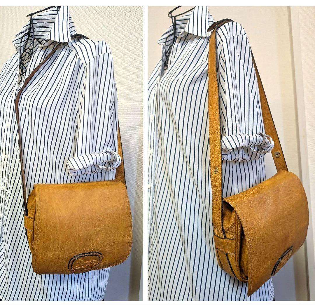 CELINE Shoulder Bag Embossed Leather Horse carriage logo Vintage Auth From Japan