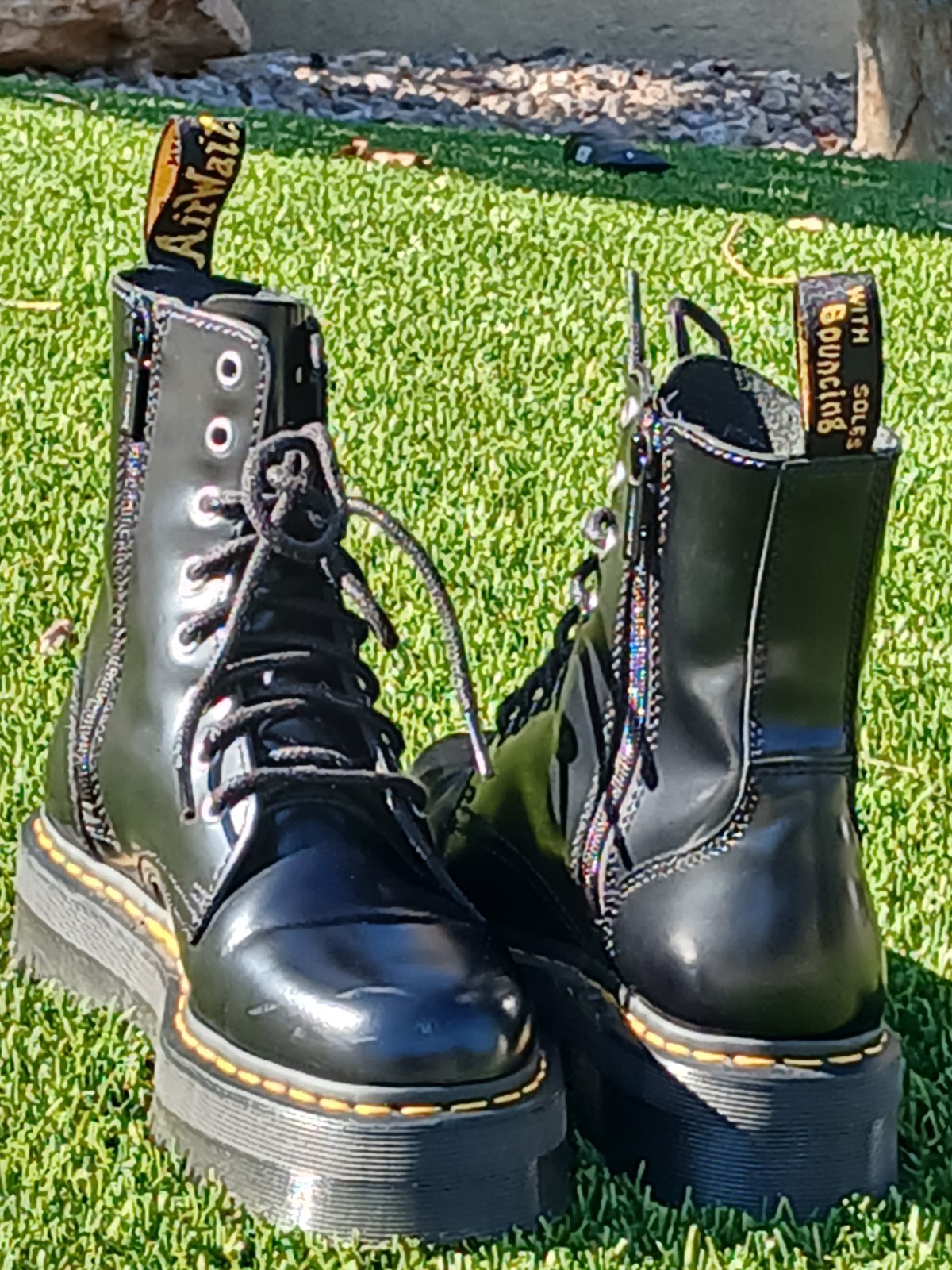 Dr. Martens Black Leather Platform Lace-Up Side Zip Boots + Cream