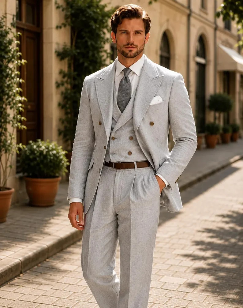 Men’s Light Gray Textured Double Breasted 3 Piece Suit Blazer Vest Pants