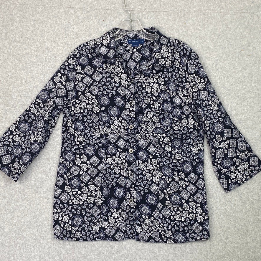 Karen Scott Top Womens Medium Navy Paisley Roll Tab Sleeve Button Up Shirt Boho