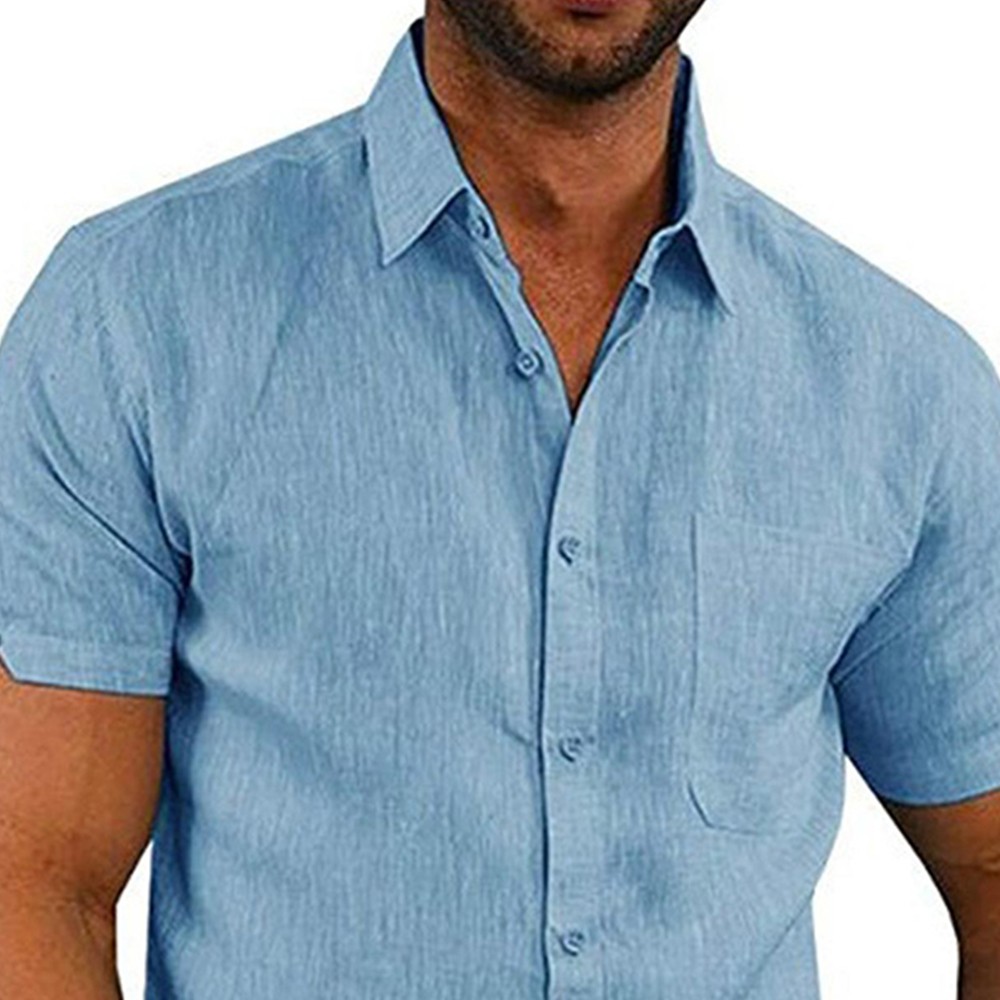 Mens Solid Short Sleeve Button Turn Down Collar Casual Blouse Casual T-shirt Top