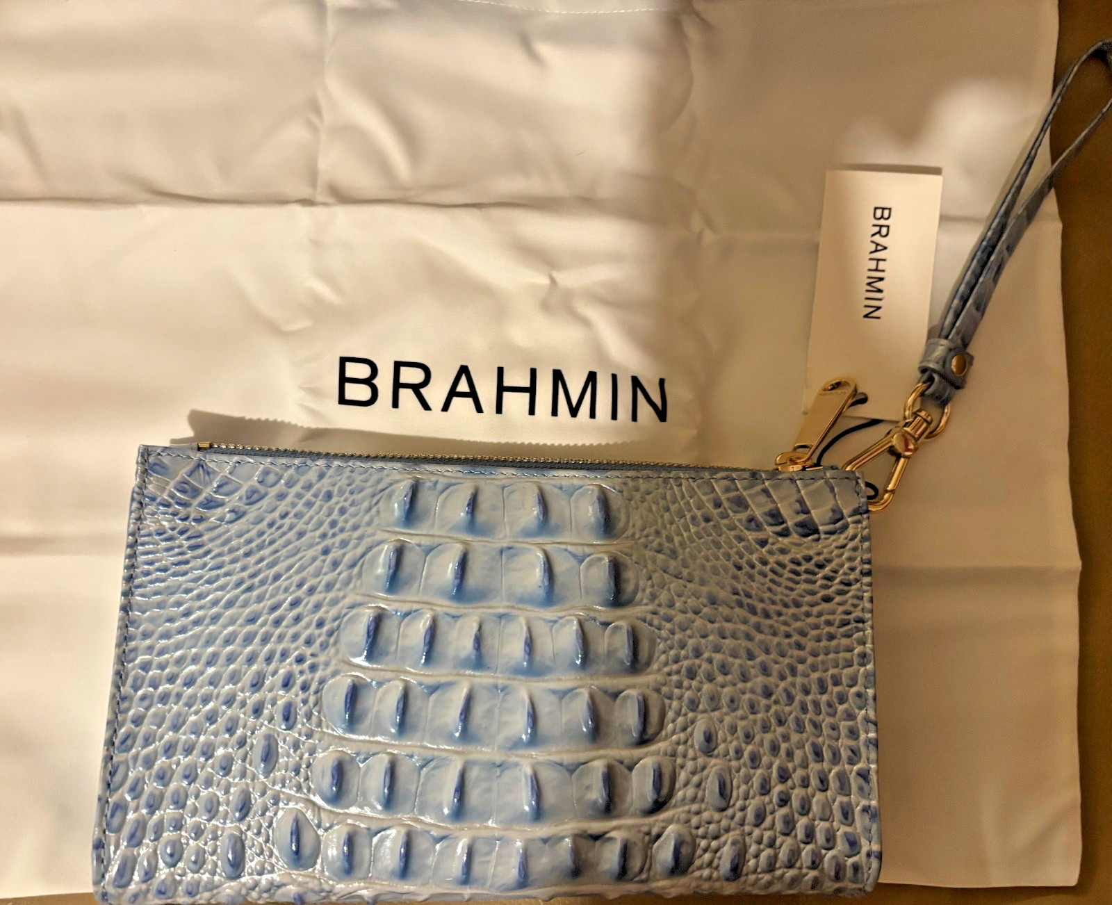 NEW – BRAHMIN DAISY DAISY, BLUE OMBRE CROCODILE LEATHER CLUTCH WITH DETACHABLE