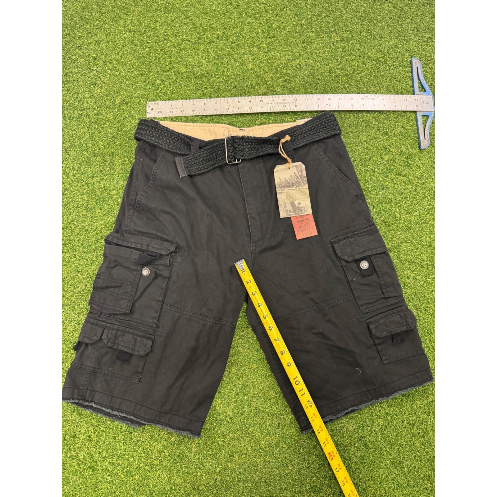 Iron Co Mens Cargo Shorts Black Heavy Vintage Wash Raw Hem With Belt Size 32 NWT