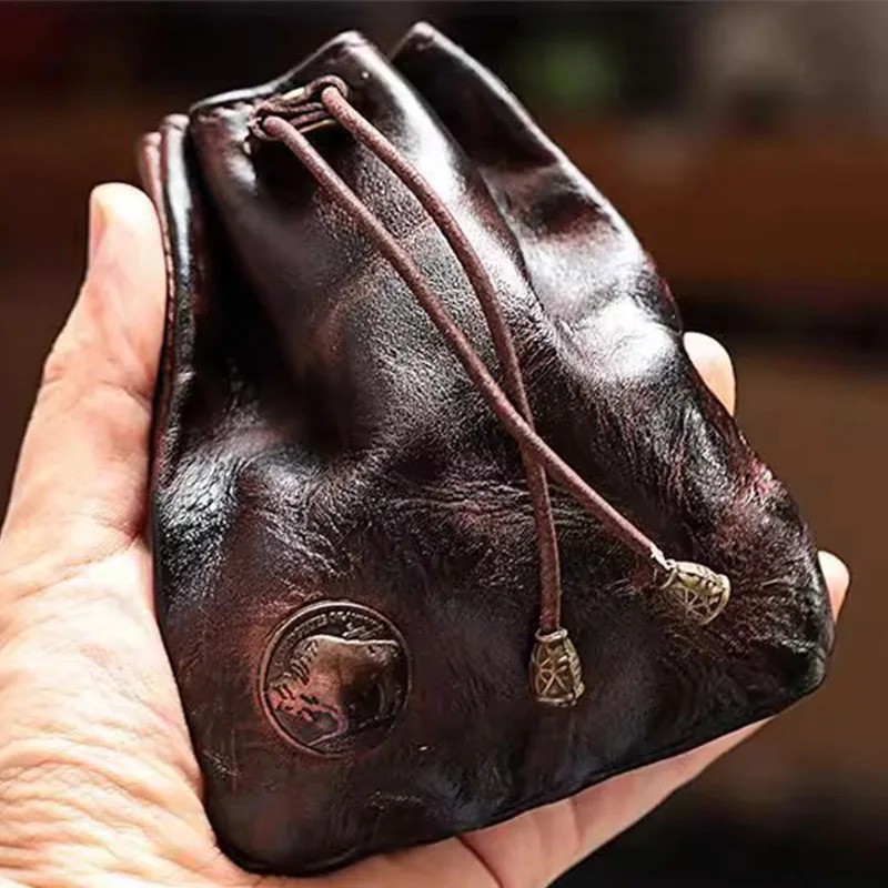 Leather Wallet Coin Pouch Case Drawstring String Bag Small Purse For Men Women