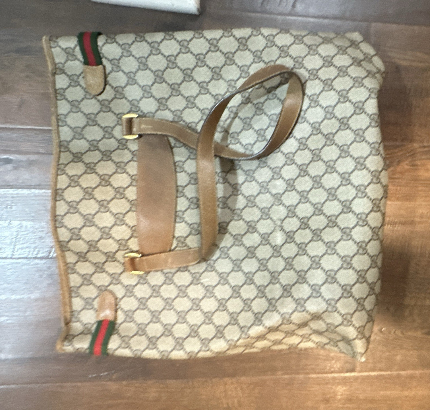 Gucci GG Tote Bag Beige Brown Web Stripe Shoulder Strap Gold Hardware Lined