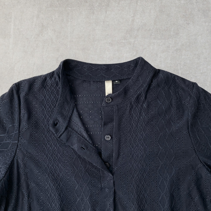 Geometric Eyelet Jersey Top Half Button 3/4 Sleeve Sheer Henley Pullover Blue