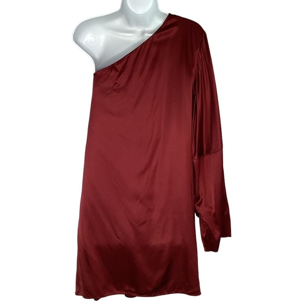 Tanya Taylor One Shoulder Mini Dress Womens 12 Burgundy Good Satin Asymmetrical