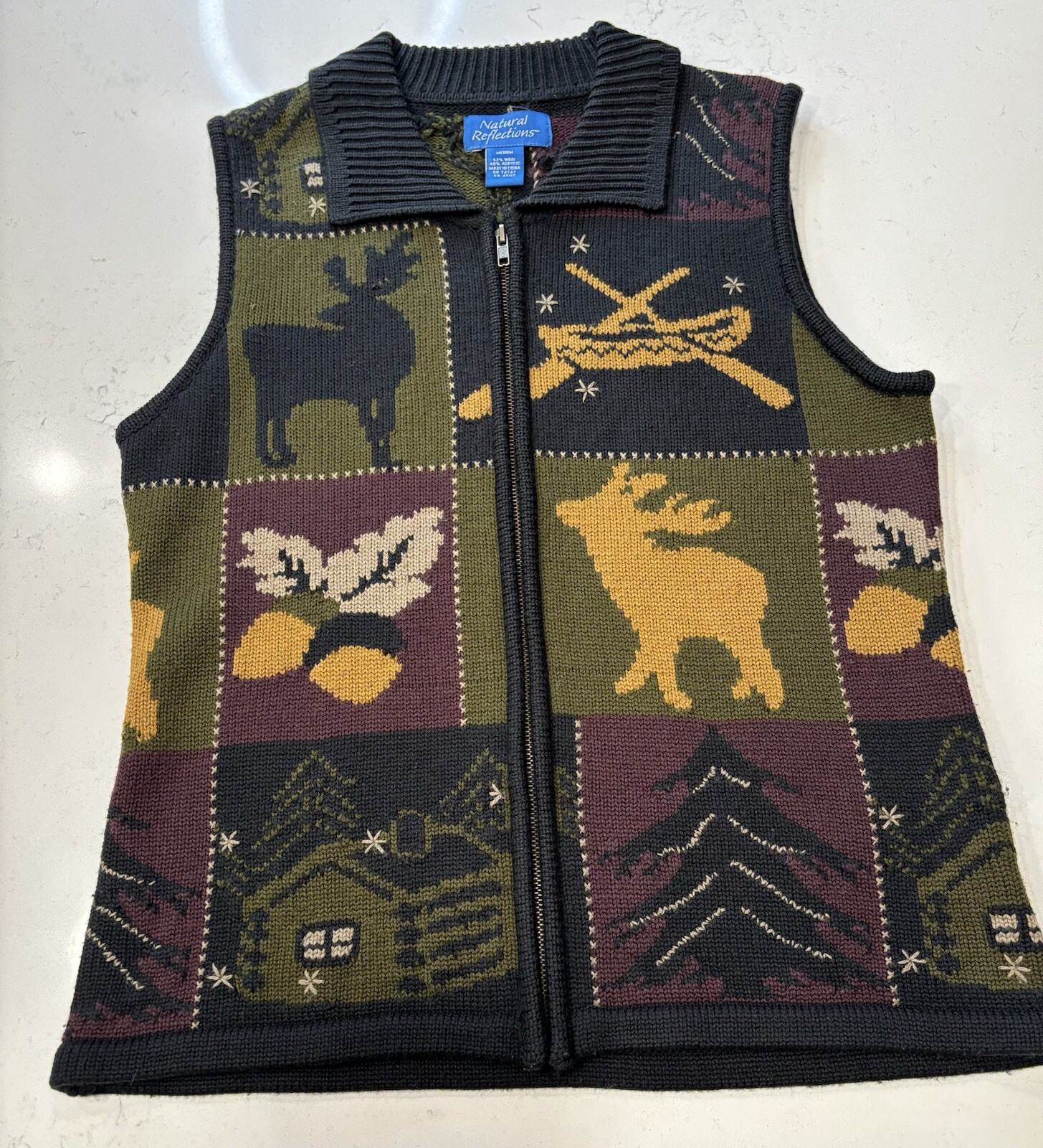 NATURAL REFLECTIONS (VTG) Wool Blend Sweater Vest Med Full Zip Cabincore Nature