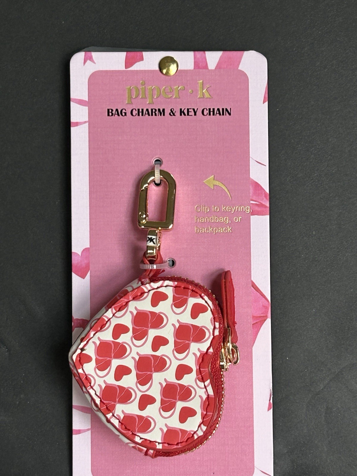 Piper K Red Hearts Bag Charm Key Chain Heart Zip Coin Case Gift Bag