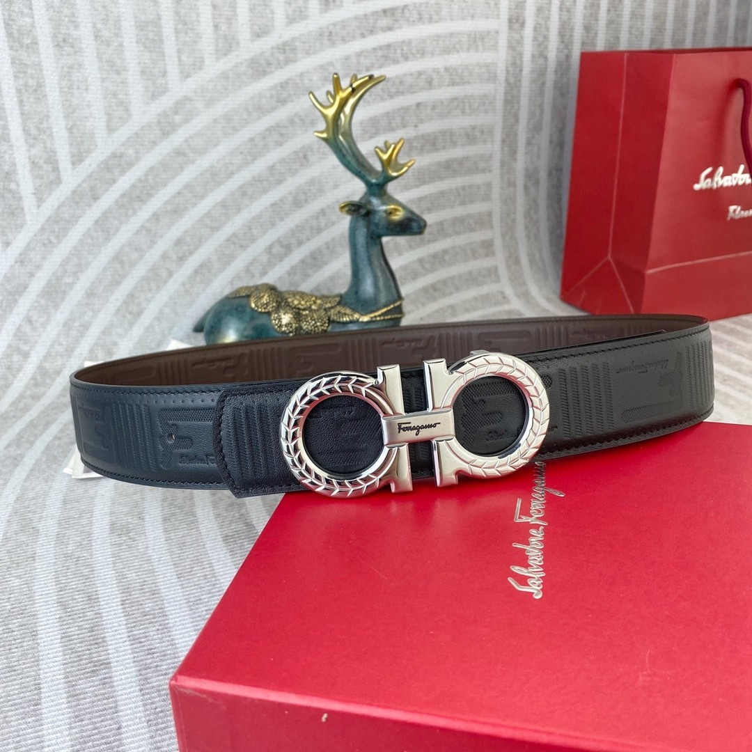 Ferragamo Handcrafted Leather Belt Reversible width 3.8cm/1.5inch Silver Buckle