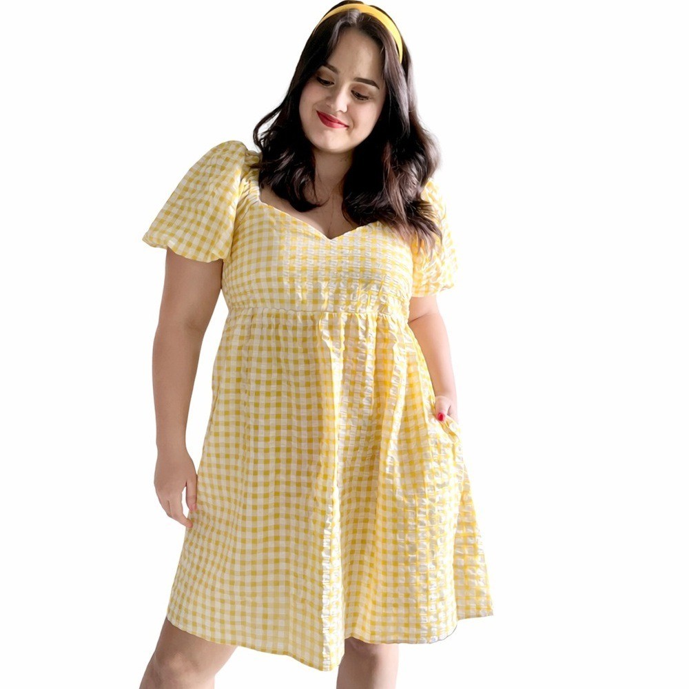 NWT Old Navy Yellow Gingham Smocked Puff Sleeve Dress 4X