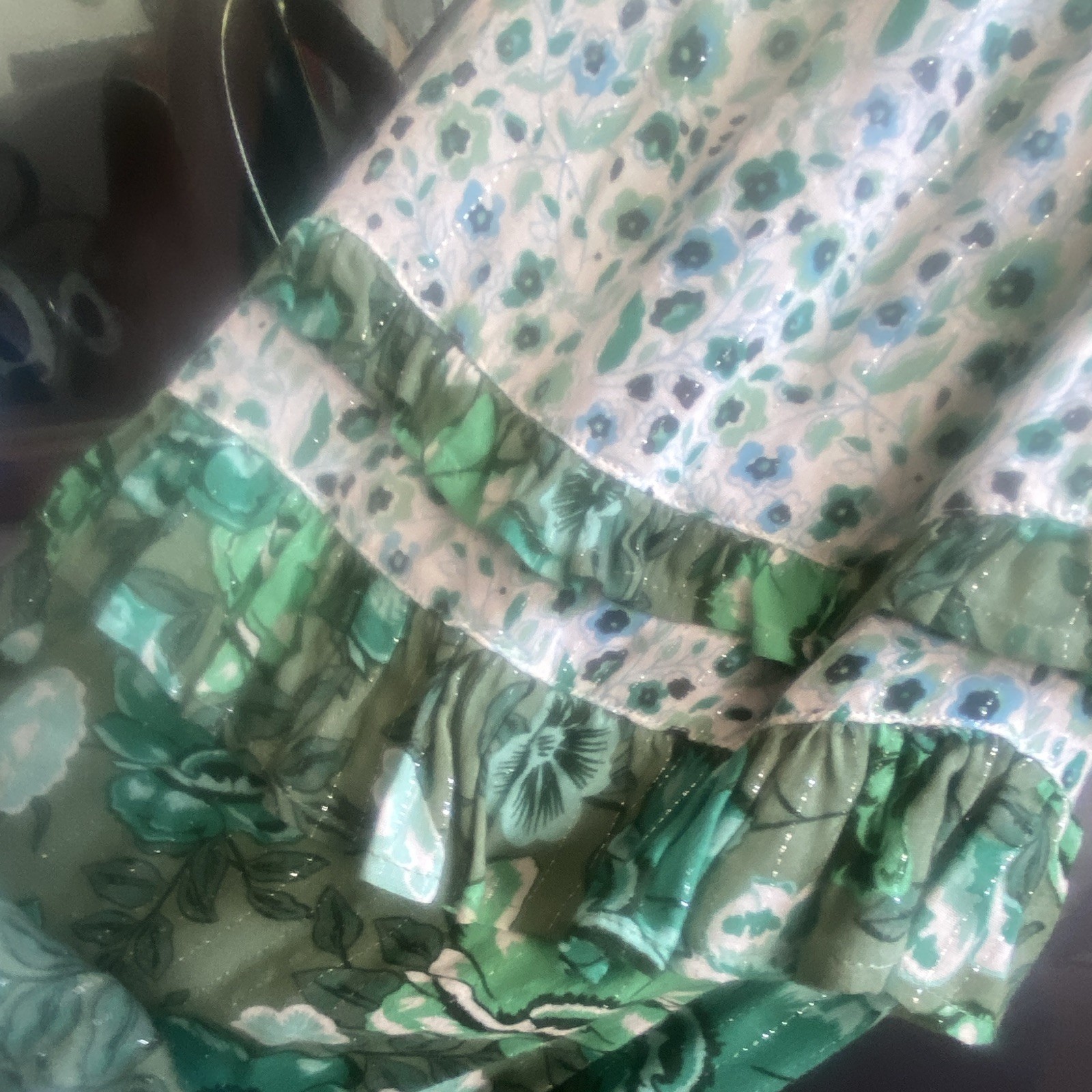 Spell & the Gypsy Green Floral V-Neck Bell Sleeve Ruffle Blouse, size small