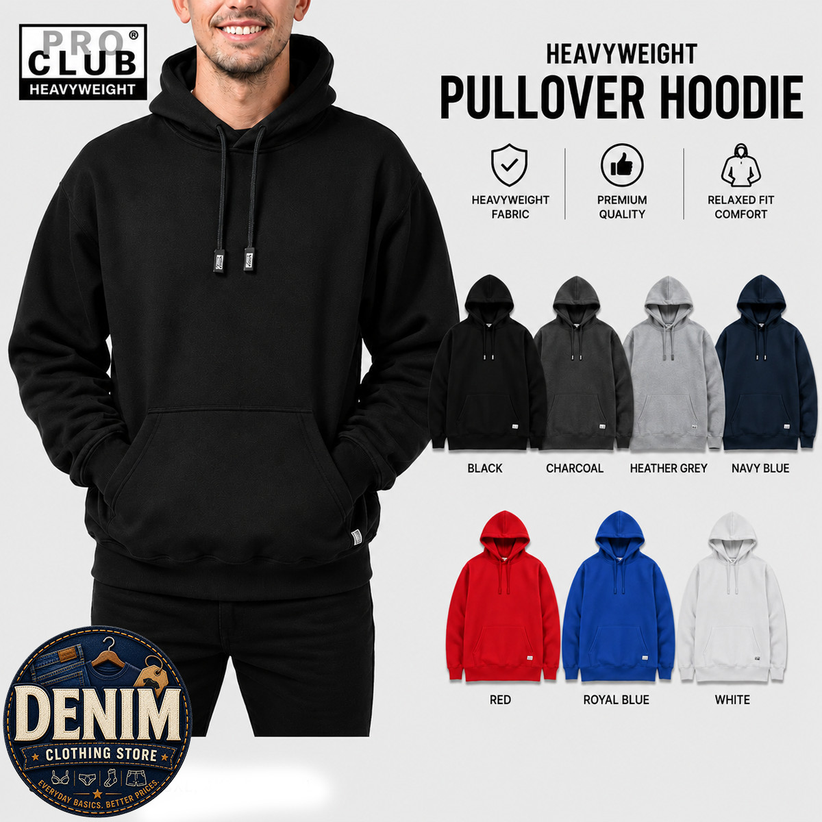 1 NEW PRO CLUB HEAVY WEIGHT PULLOVER HOODIE SWEATSHIRTS HOODED HOODY SIZE S-7XL