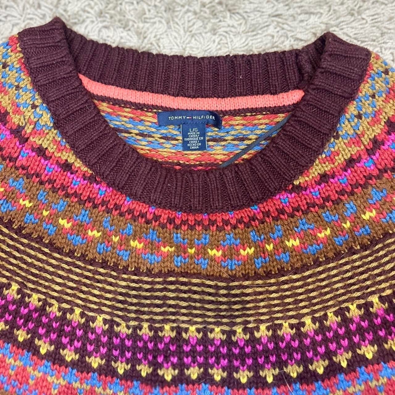 Tommy Hilfiger Womens Fair Isle Short Sleeve Sweater Burgundy Brown Knit Large