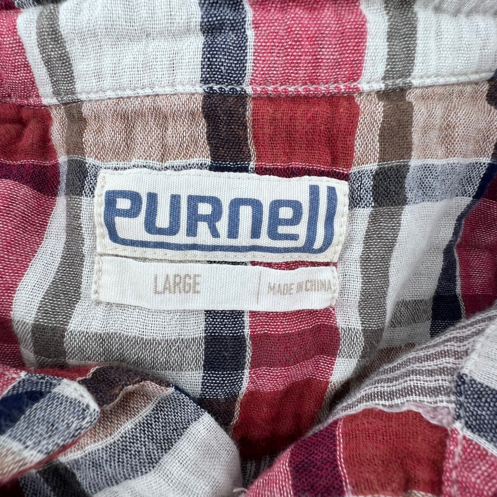 Purnell Women Large Red Plaid Button Down Shirt Long Sleeve 2-layer Cotton/Gauze