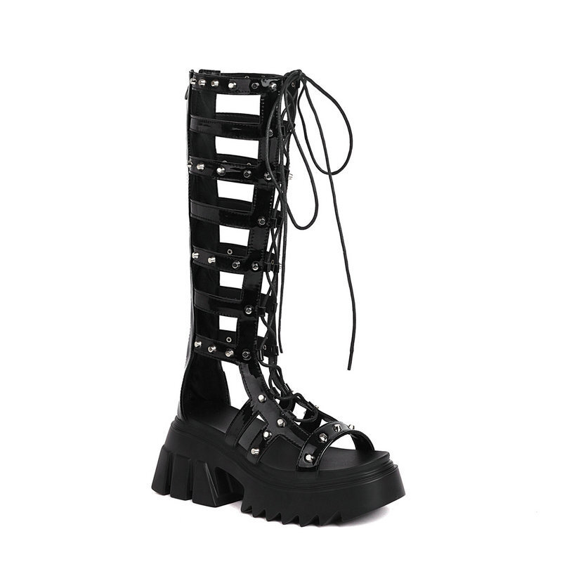 Women Studded Gladiator Knee High Sandals Platform Chunky Lace Up Goth Boots