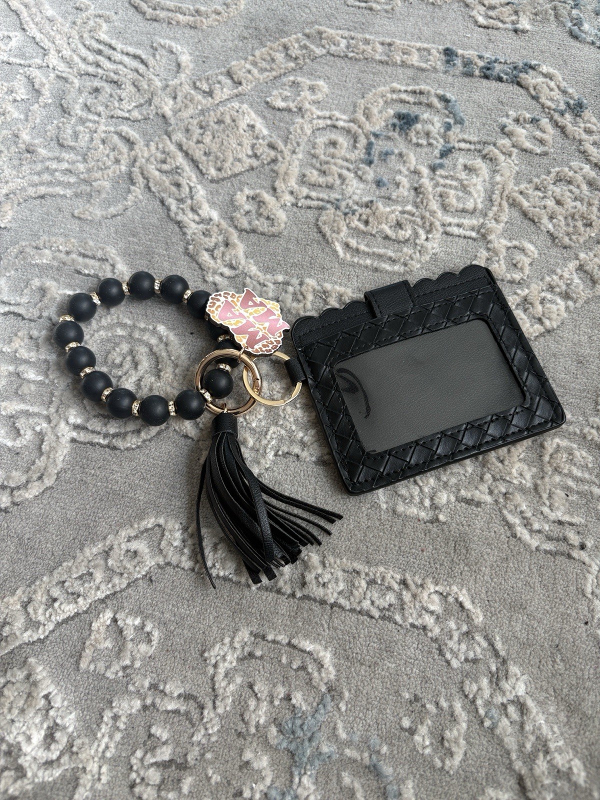 Black Quilted Faux Leather Wristlet Key Chain Card/ID Holder Beaded Tassel MAMA