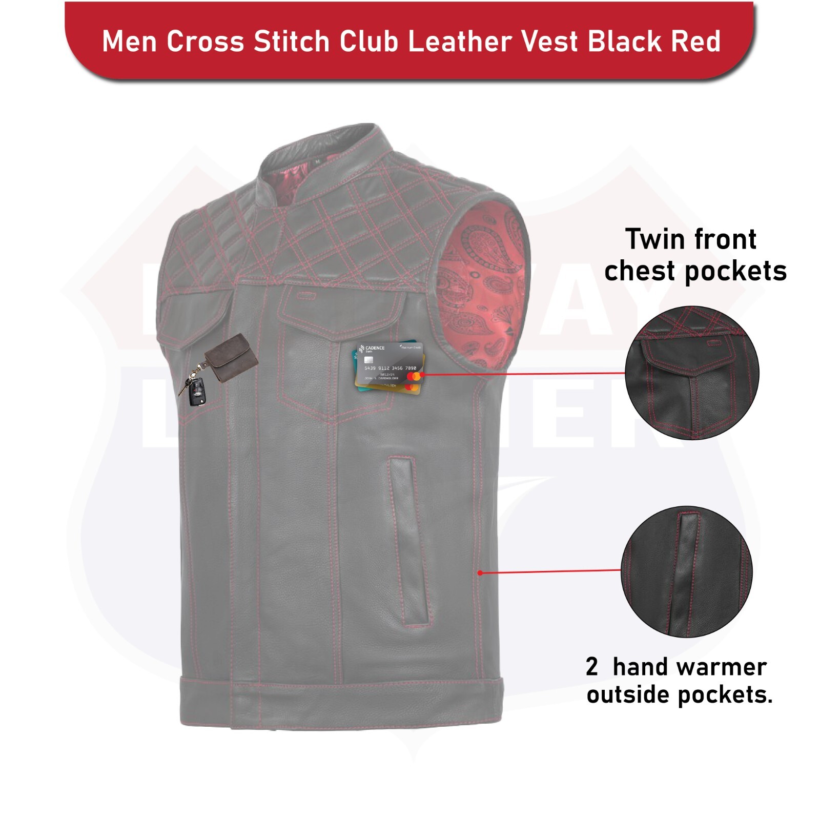 RED black men cross stich vest , HL11693SPTRED black men ,USA stock leather vest