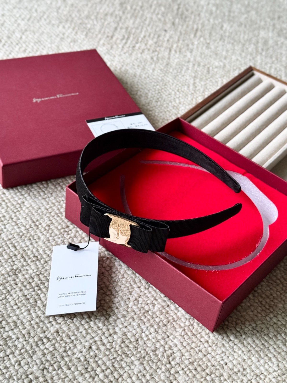 Salvatore Ferragamo Vara Bow Headband Black Grosgrain Gold Hardware Authentic