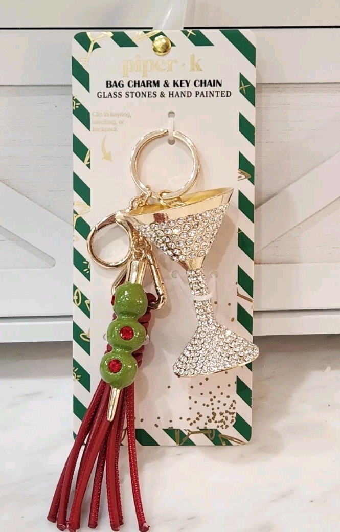 🍸NEW! Piper K Glass Stone Martini & Olive Red Tassel Bag Charm