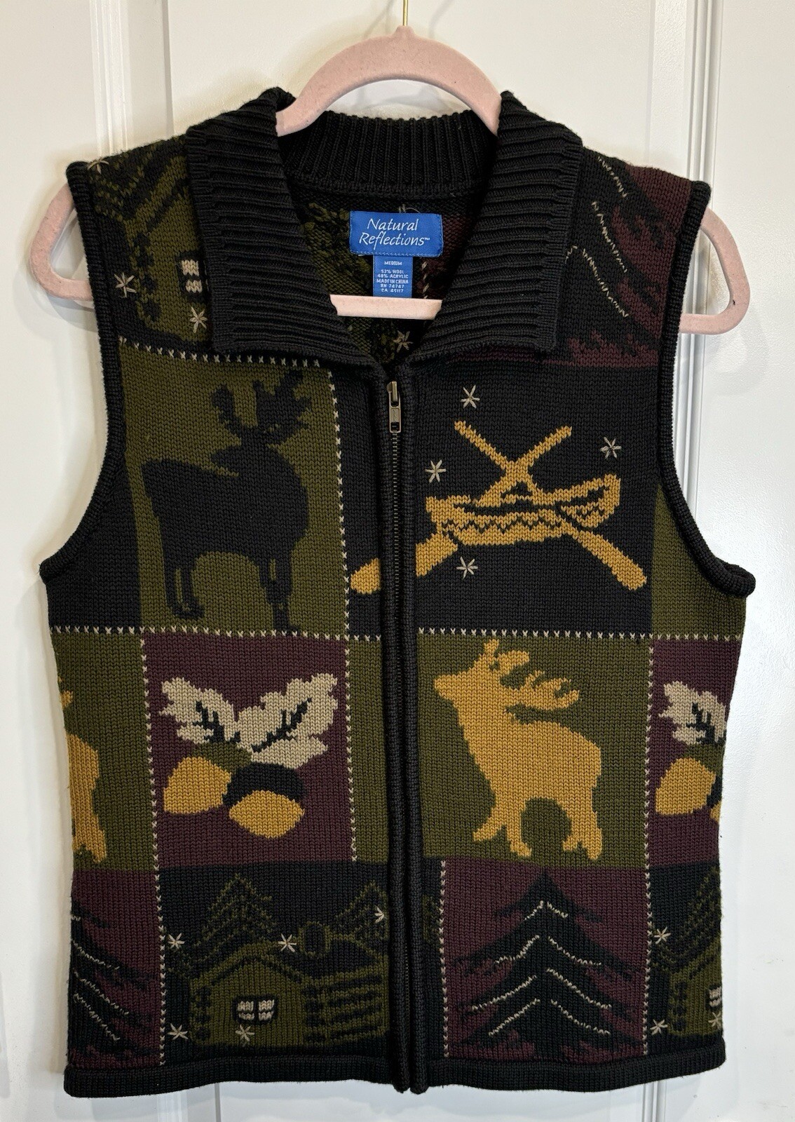 NATURAL REFLECTIONS (VTG) Wool Blend Sweater Vest Med Full Zip Cabincore Nature