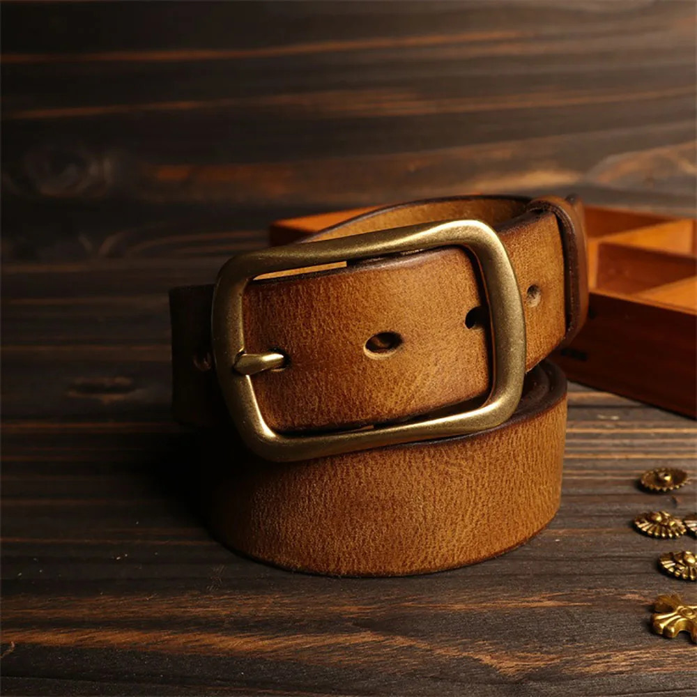 Amekaji Style Genuine Cowhide Leather Belt Brass Buckle Handcrafted 3.8cm Width