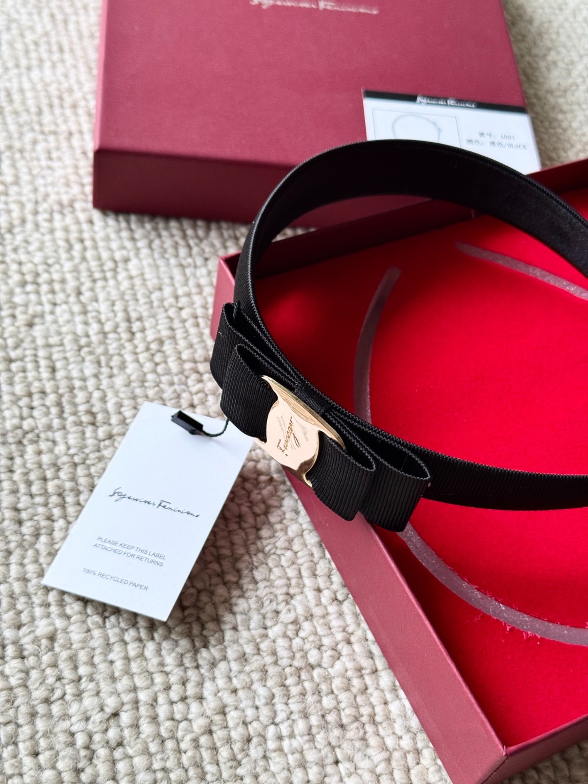 Salvatore Ferragamo Vara Bow Headband Black Grosgrain Gold Hardware Authentic