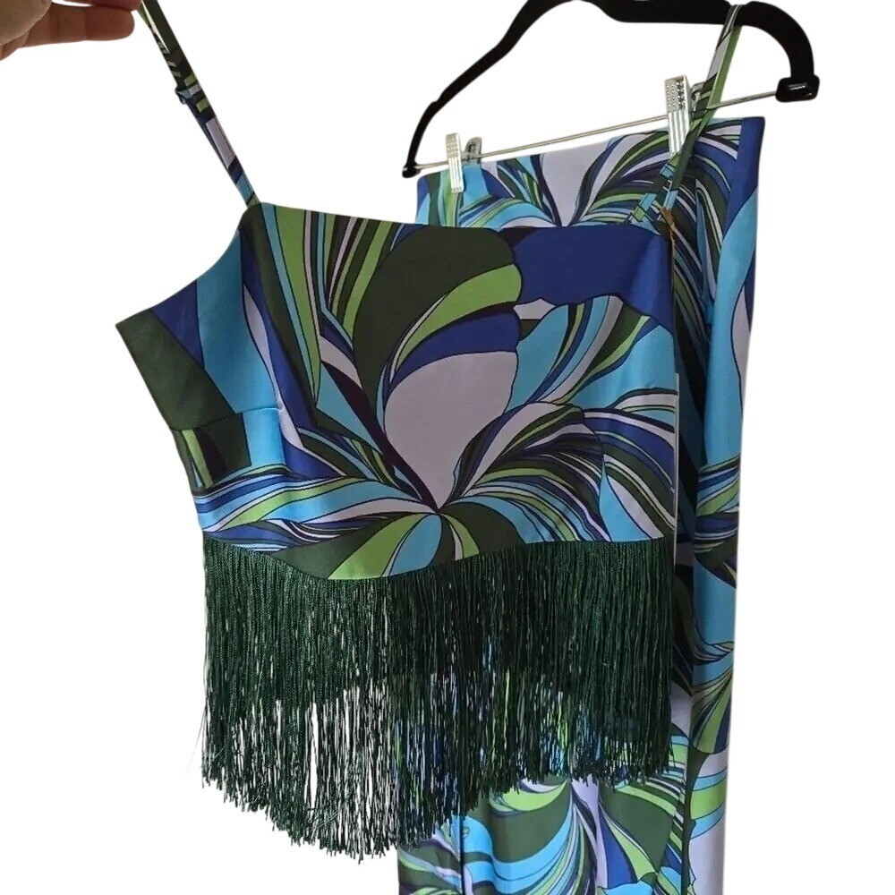 House of Harlow Blue Green Swirl Fringe Skirt Set Size XS Retro Luxe Miami Chic