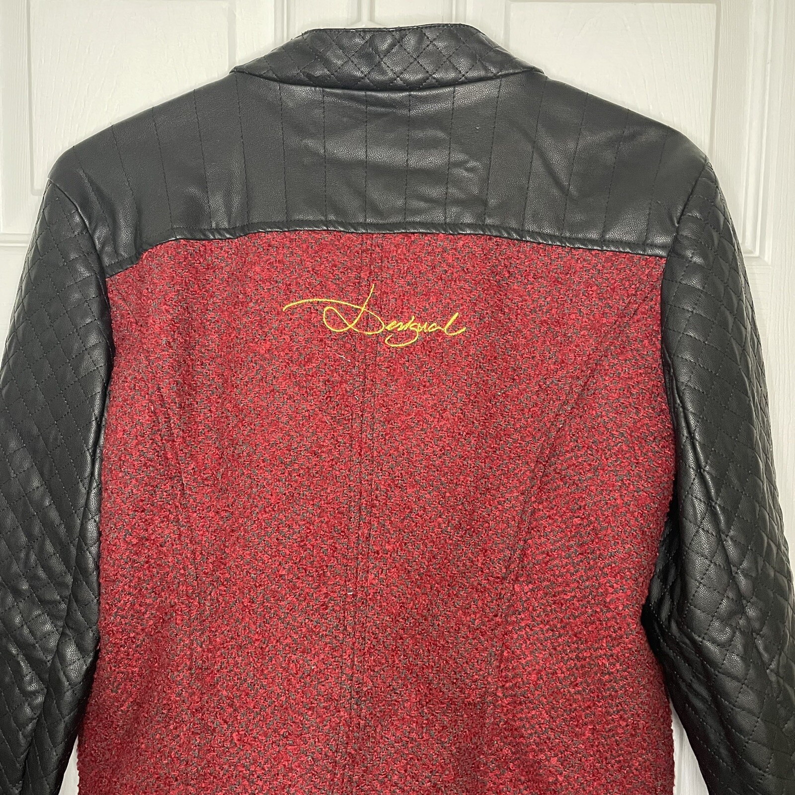 Desigual Wool Blend and Vegan Leather Black and Red Moto Jacket 42