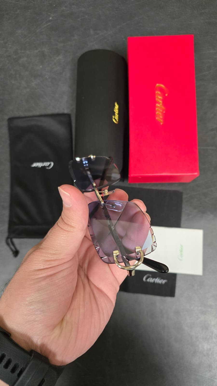 Cartier Big C Diamond Cut Red to Blue Fade Frameless Lens Gold Frame Big Box Ed.