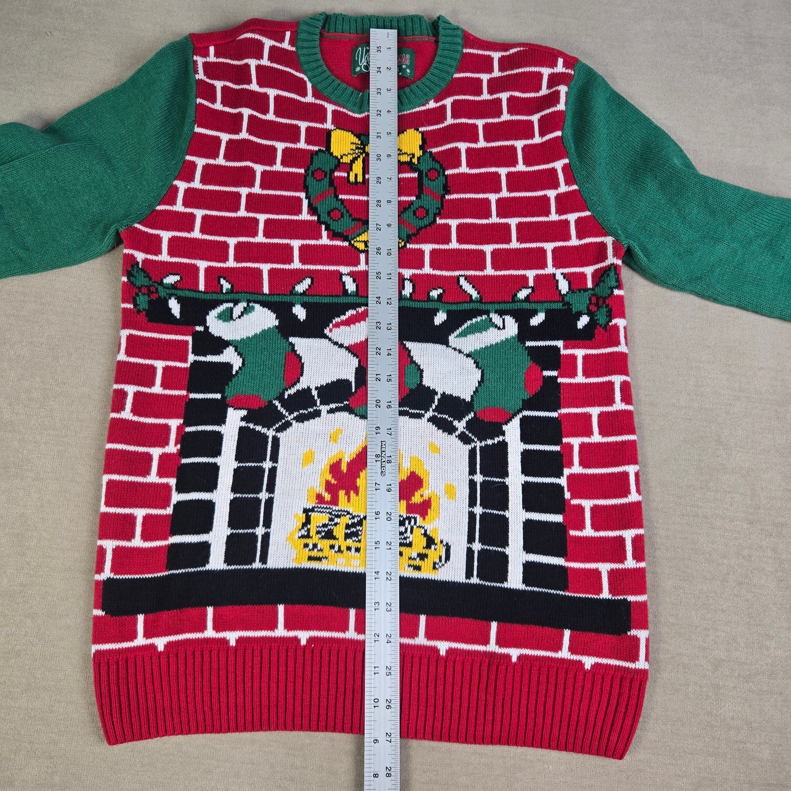 Ugly Christmas Sweater Fireplace Stockings Wreath Red Green Small