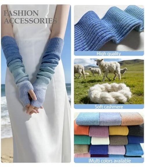 Warm Cashmere Long Arm Gloves for Women Cozy Winter Fingerless Gloves Black