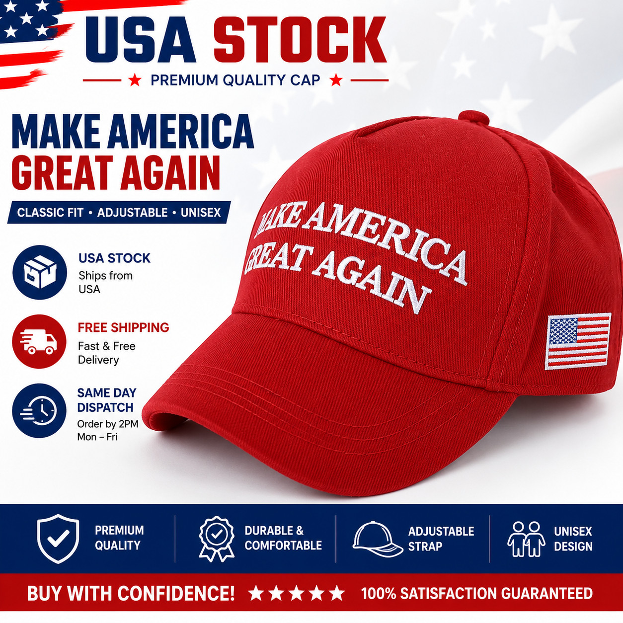 Baseball Cap for Trump 2024 45-47 MAGA Hat Make America Great Again with US Flag