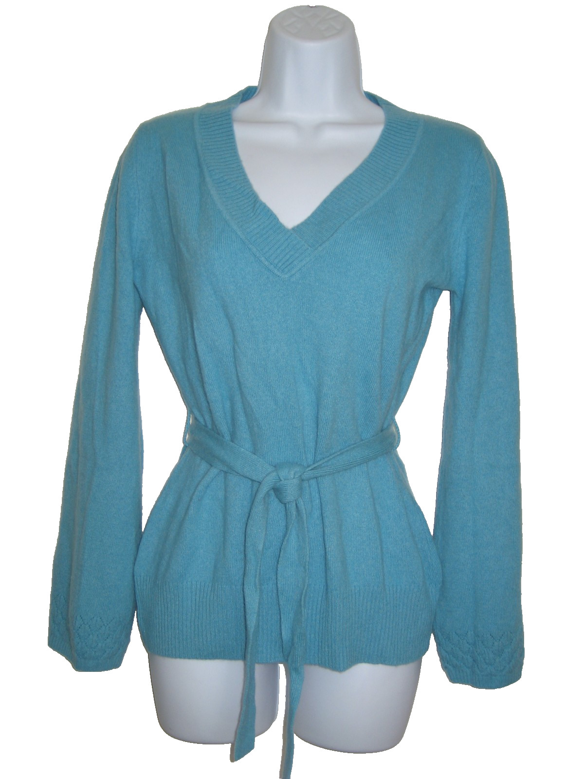SOFT SURROUONDINGS 100% CASHMERE TURQUOISE LONG SLEEVE TIE AT THE WAIST SWEATER