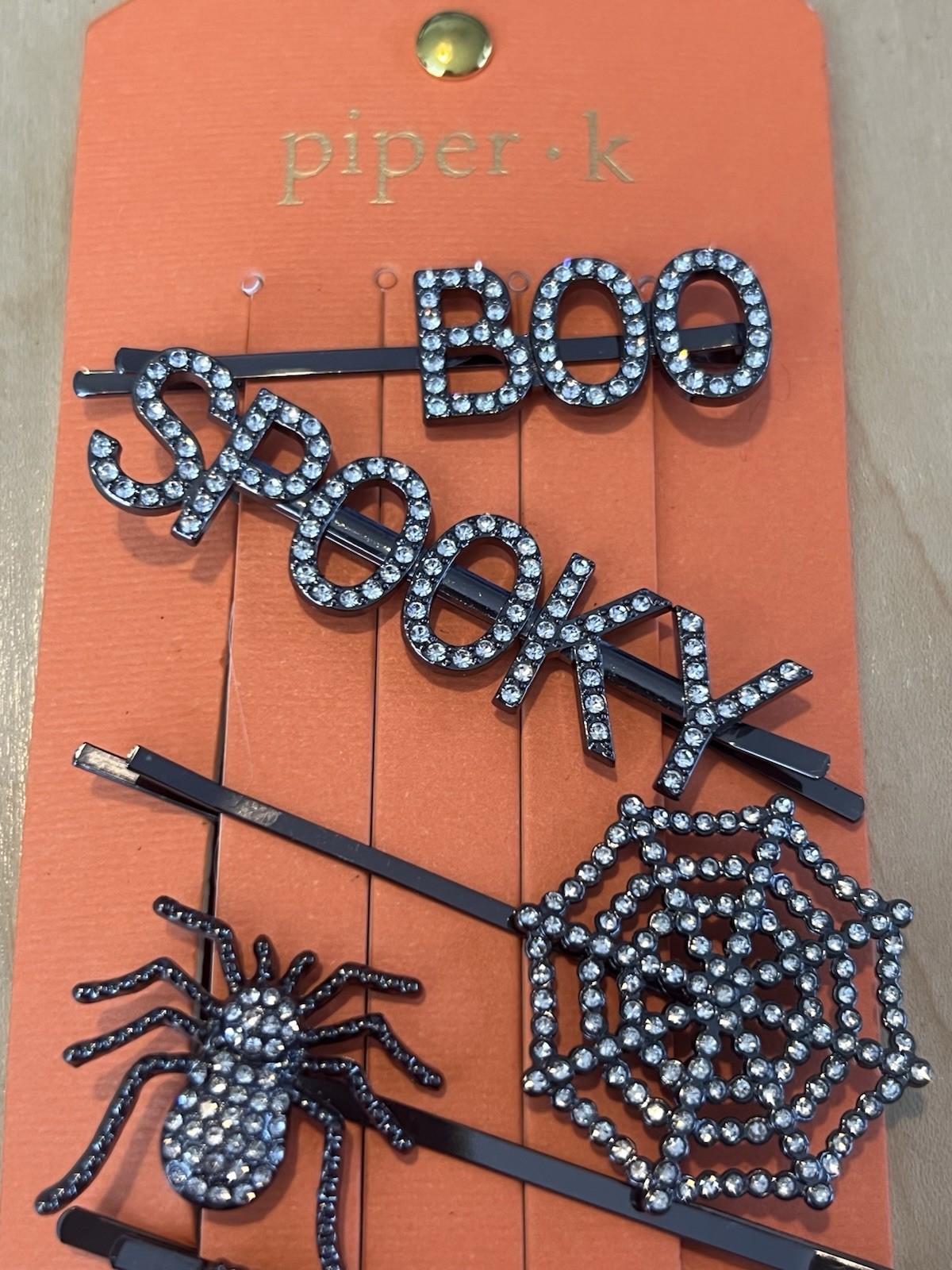 Piper K Halloween Hair Clip Set Rhinestone BOO Spooky Spider Web 6 Pins Bling