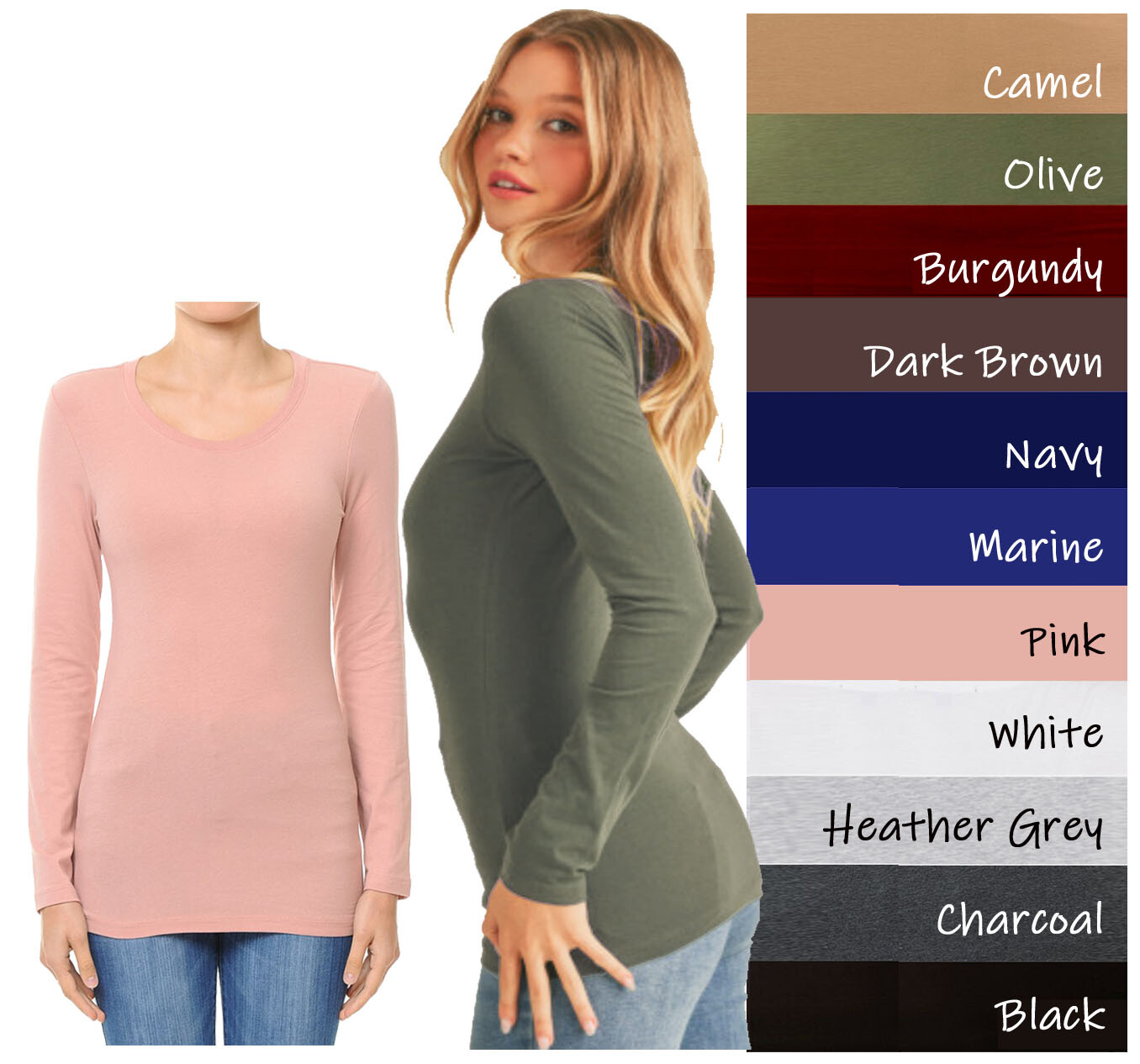 Long Sleeve T Shirt Crew Neck Round Neck Stretch Cotton Tee Plain Solid
