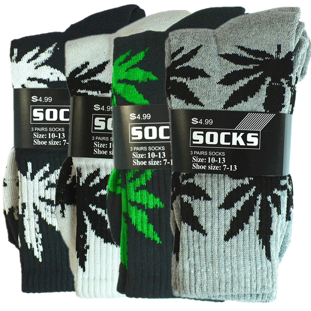 3 Pairs Men Sports Leaf Weed Marijuana Crew Cotton Long Socks Size 9-11 10-13