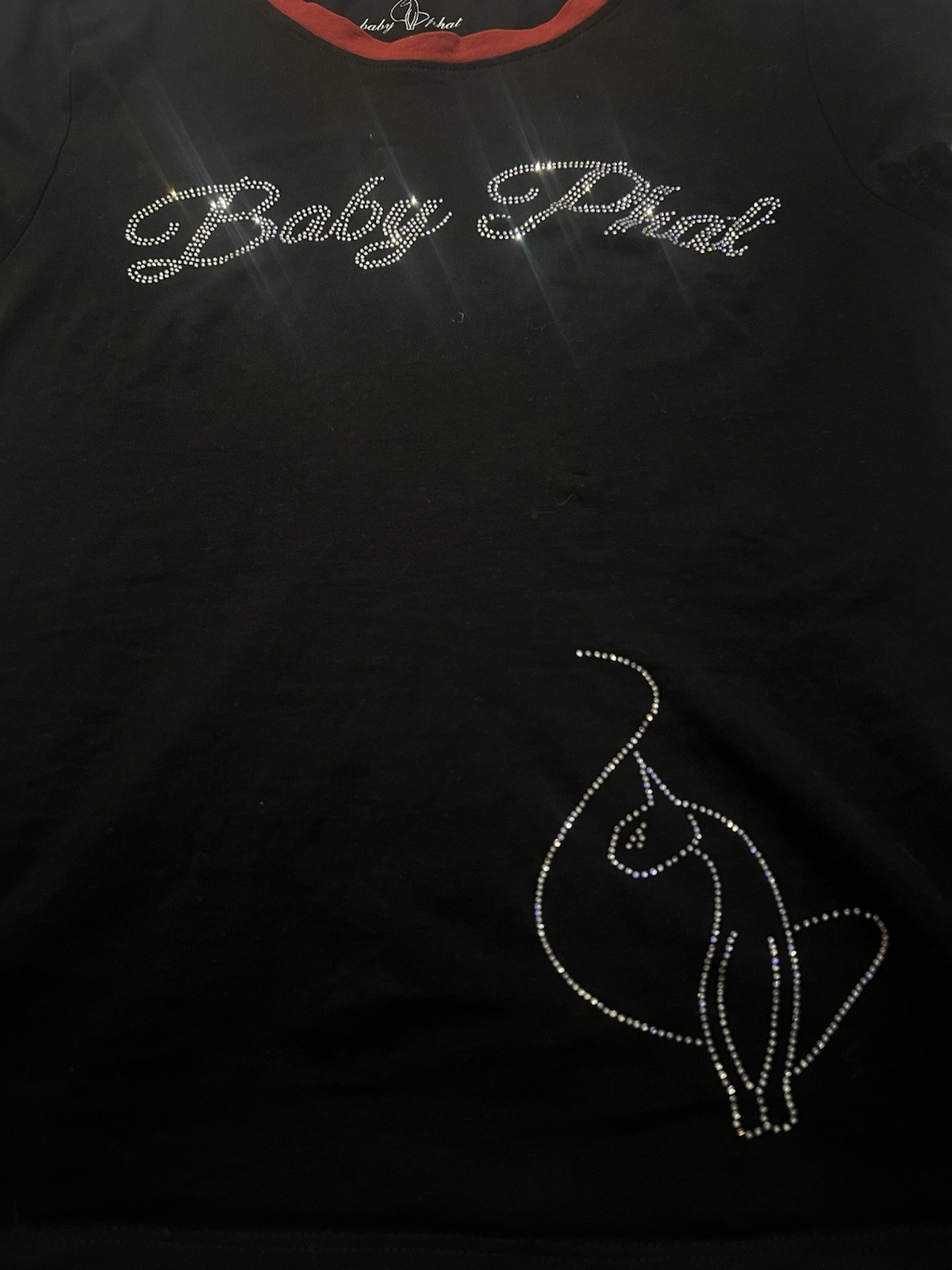 Baby Phat Women’s Black Red Trim Rhinestone Cat Logo V-Neck Tee Stretch Sz L