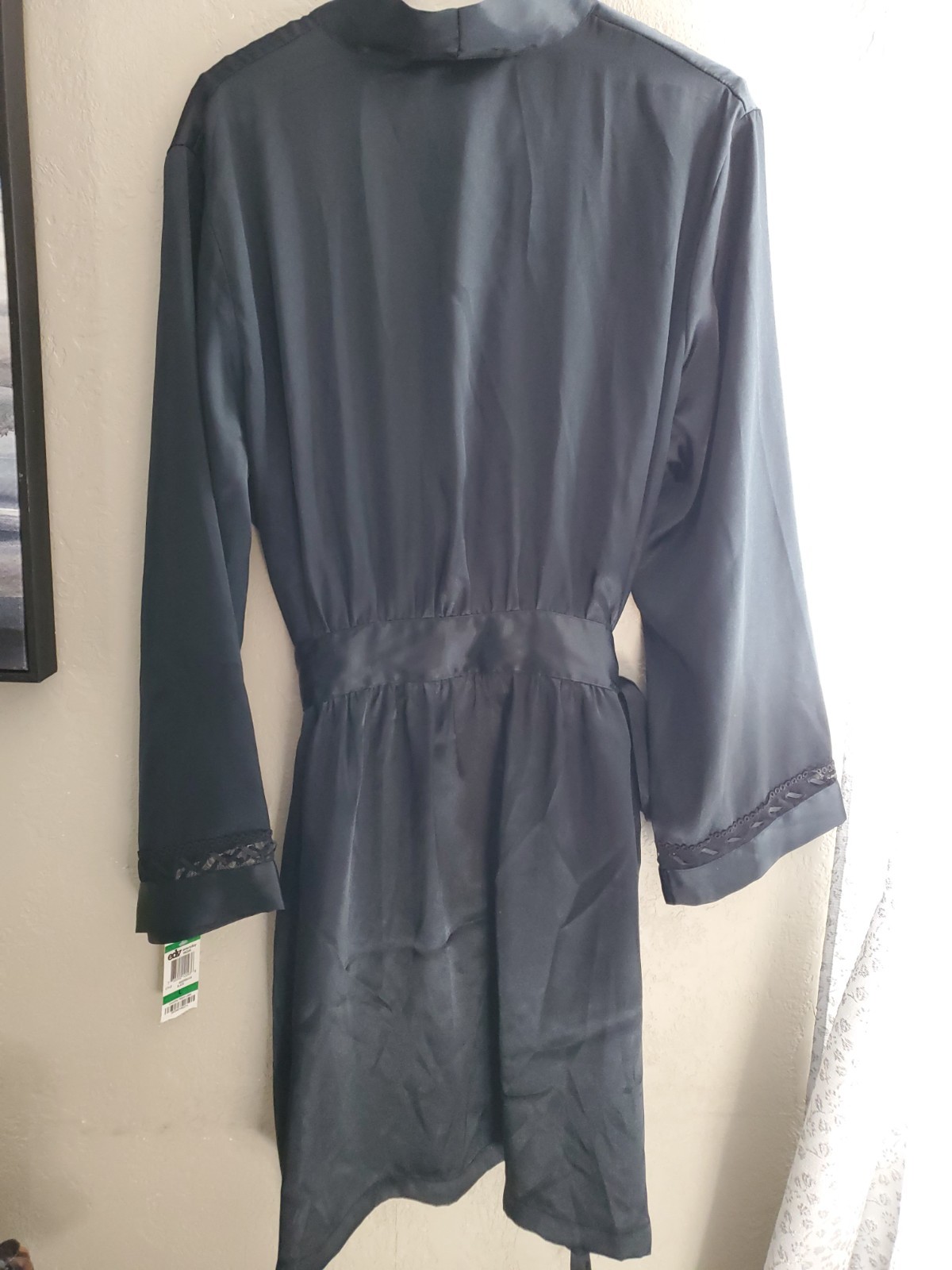 Morgan Taylor Black Satin Wrap Robe with Lace Trim L NWT